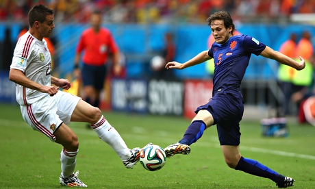 Daley Blind, right, Holland's superb left-wing-back, in action v Spain, World Cup 2014