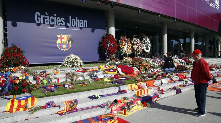 A man looks on during a memorial event for Dutch soccer player Johan Cruyff at the Camp Nou stadium in Barcelona